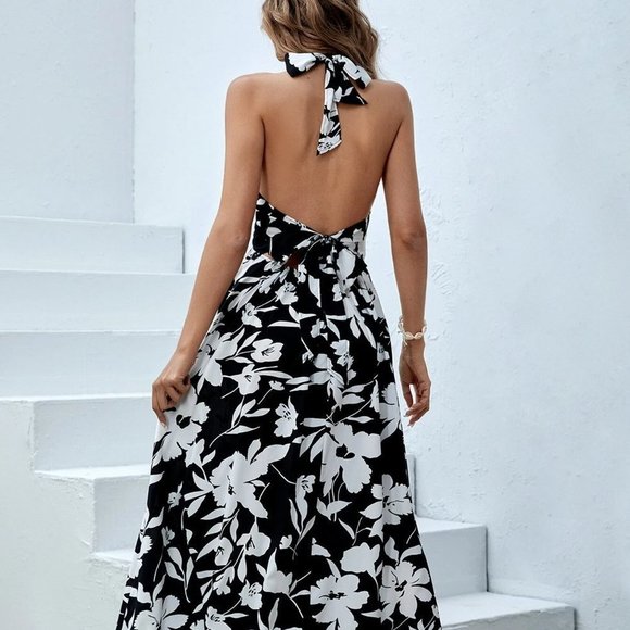 Black Boho Womens Floral Print Criss Cross Tie Backless Halter Dress - Picture 2 of 5